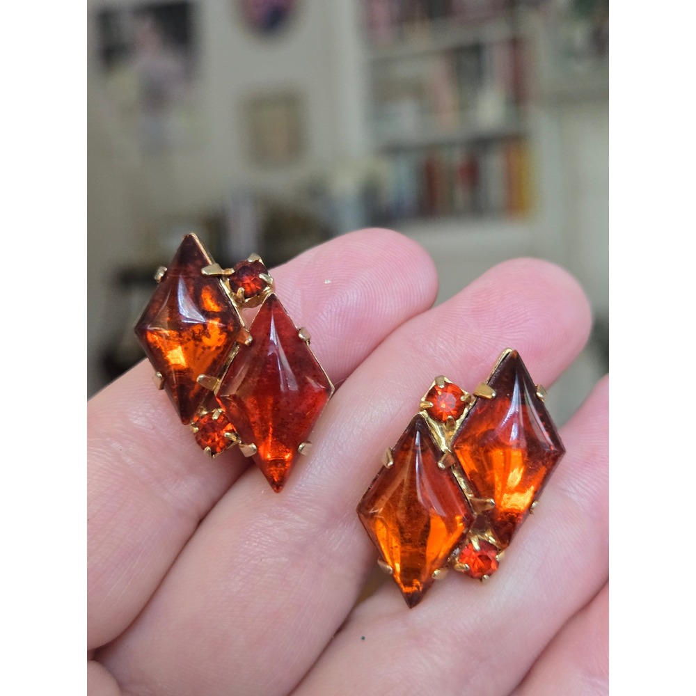 Amber Colored Marquis Lucite Crystal Earrings Foil- Backed Crackle Back Vintage